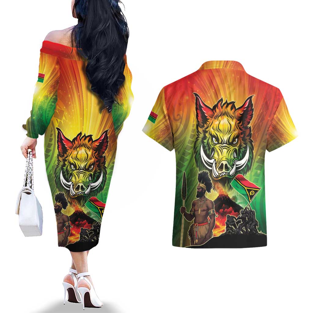 Vanuatu July 30th 1980 Couples Matching Off The Shoulder Long Sleeve Dress and Hawaiian Shirt Happy Independence Day - Polynesian Pride