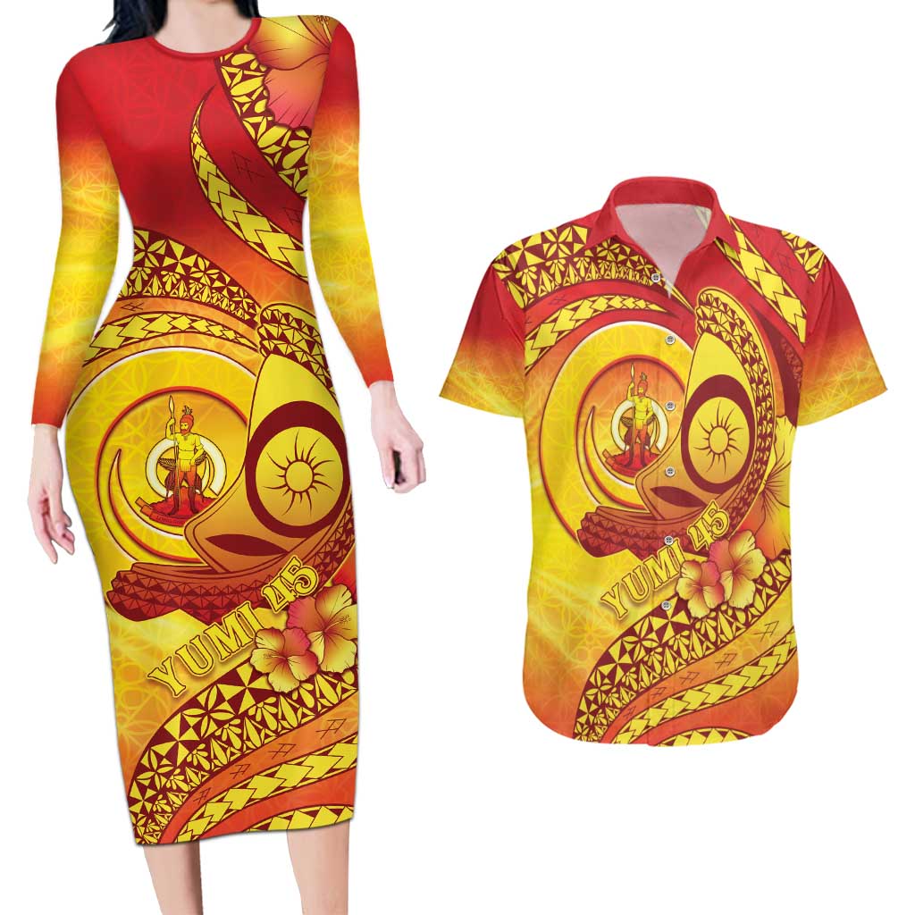 Vanuatu 45 Yia Indipendens Anivesari Couples Matching Long Sleeve Bodycon Dress and Hawaiian Shirt Tamtam Drum With Boar Tusk - Polynesian Pride