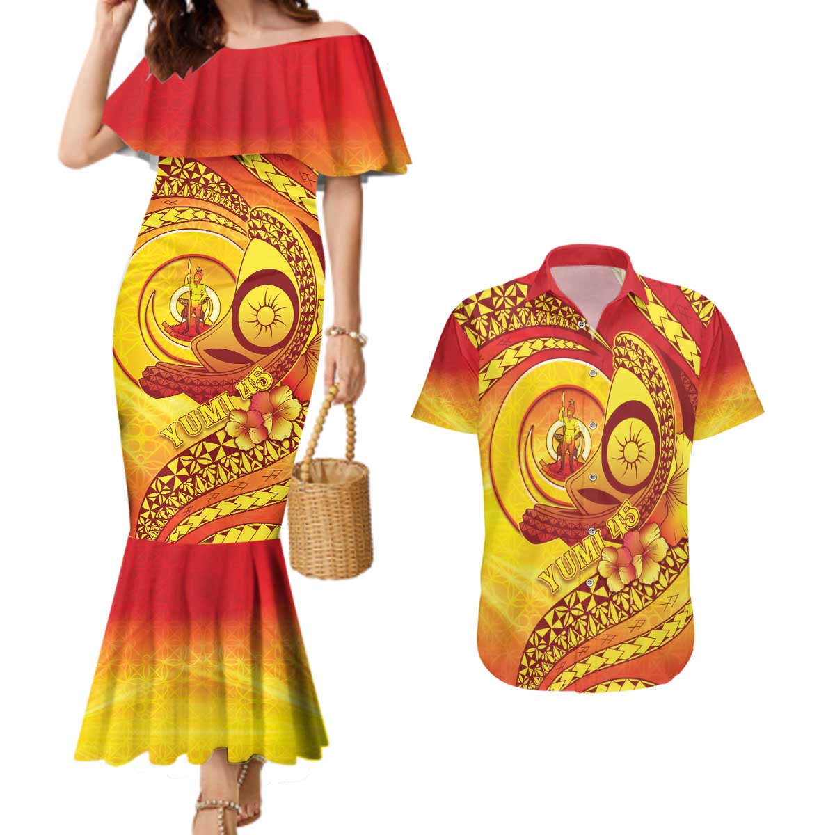 Vanuatu 45 Yia Indipendens Anivesari Couples Matching Mermaid Dress and Hawaiian Shirt Tamtam Drum With Boar Tusk - Polynesian Pride