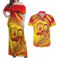Vanuatu 45 Yia Indipendens Anivesari Couples Matching Off Shoulder Maxi Dress and Hawaiian Shirt Tamtam Drum With Boar Tusk - Polynesian Pride
