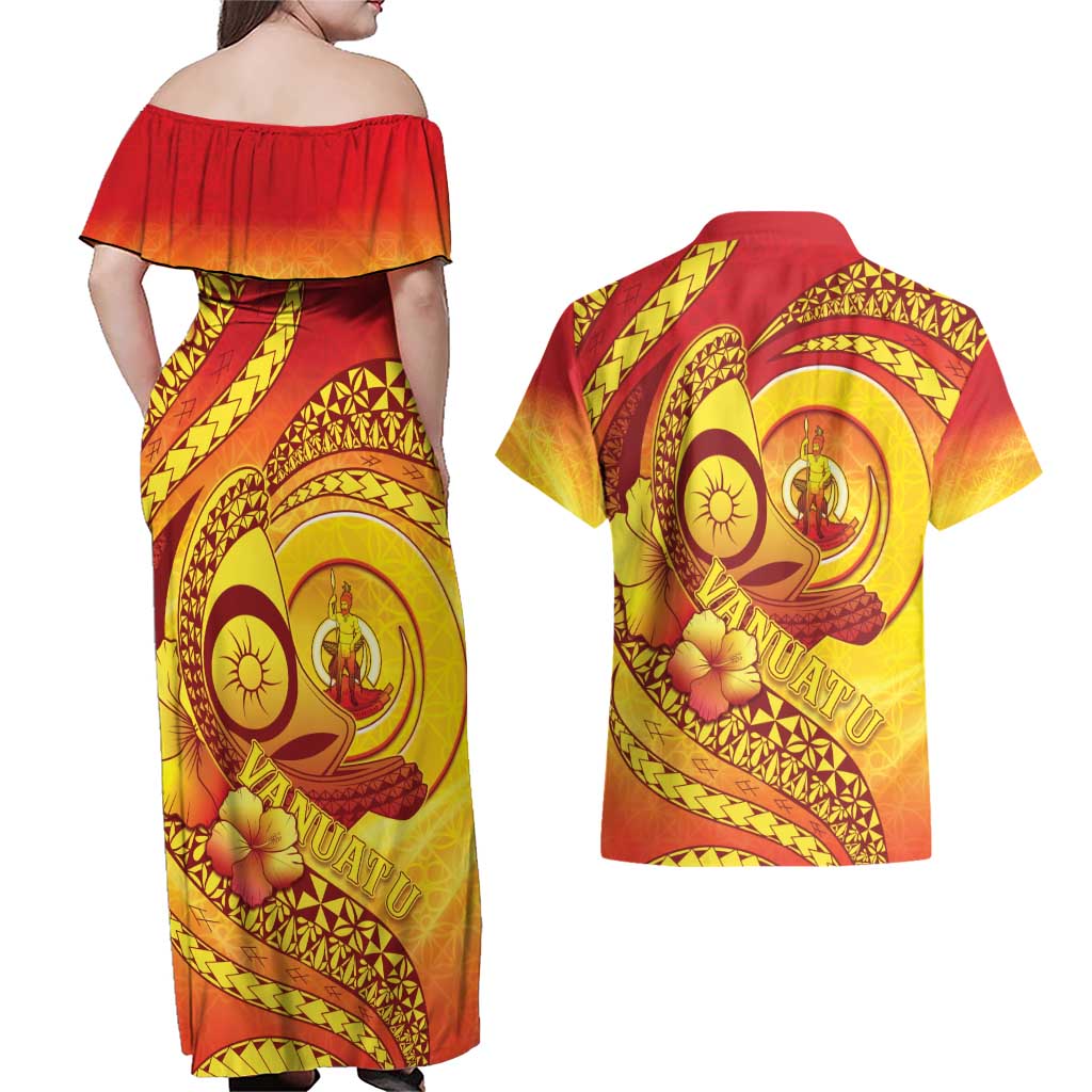 Vanuatu 45 Yia Indipendens Anivesari Couples Matching Off Shoulder Maxi Dress and Hawaiian Shirt Tamtam Drum With Boar Tusk - Polynesian Pride