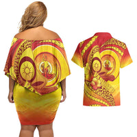 Vanuatu 45 Yia Indipendens Anivesari Couples Matching Off Shoulder Short Dress and Hawaiian Shirt Tamtam Drum With Boar Tusk - Polynesian Pride