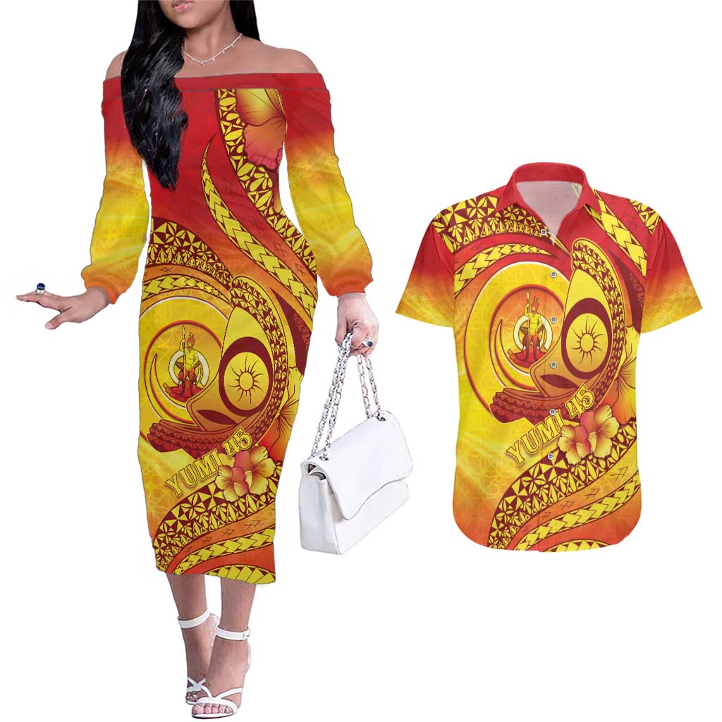 Vanuatu 45 Yia Indipendens Anivesari Couples Matching Off The Shoulder Long Sleeve Dress and Hawaiian Shirt Tamtam Drum With Boar Tusk - Polynesian Pride