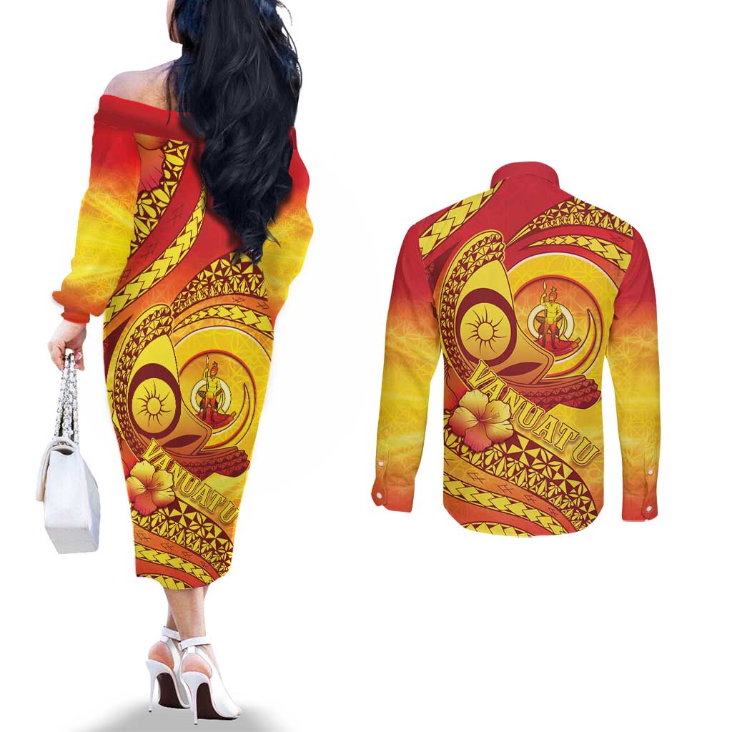 Vanuatu 45 Yia Indipendens Anivesari Couples Matching Off The Shoulder Long Sleeve Dress and Long Sleeve Button Shirt Tamtam Drum With Boar Tusk - Polynesian Pride