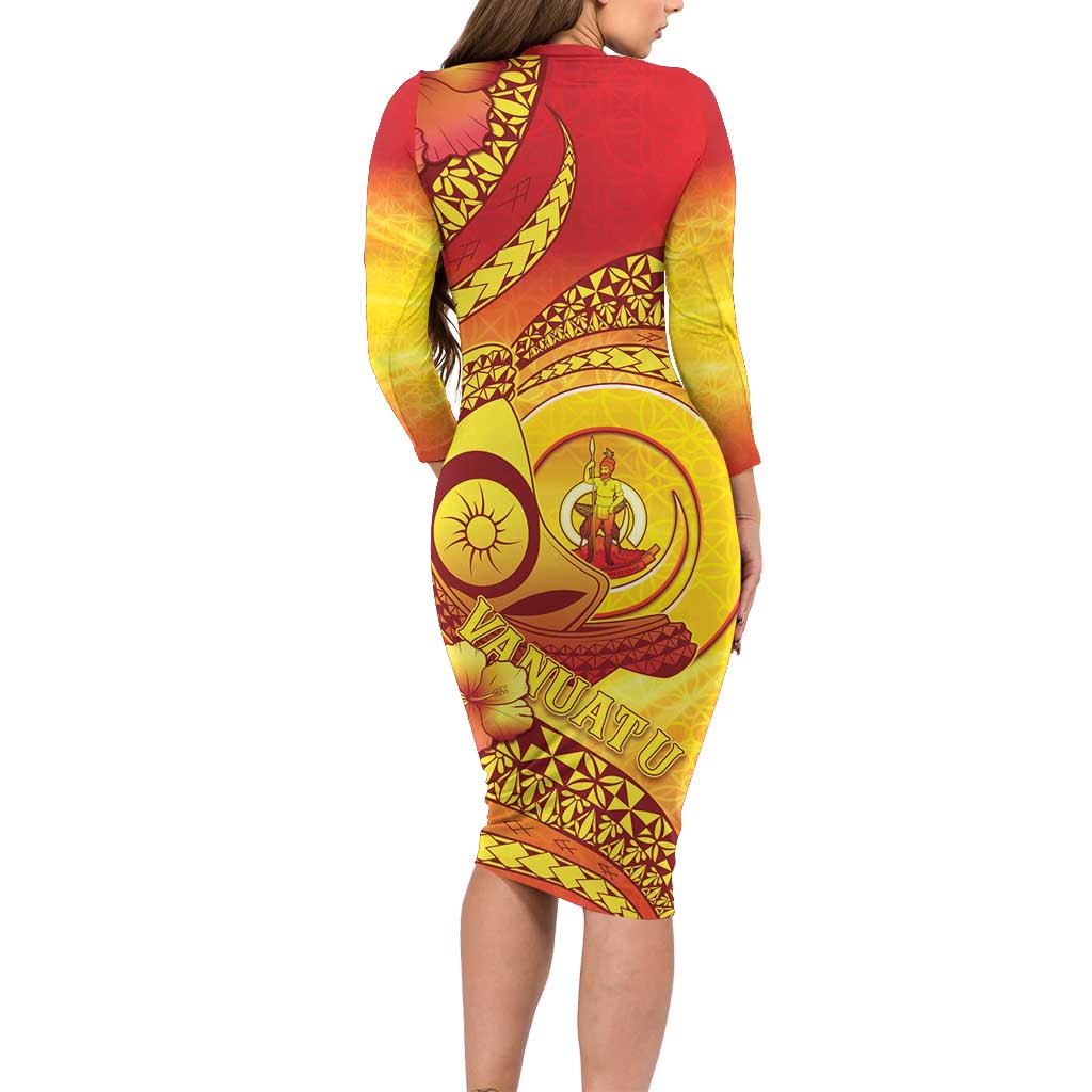 Vanuatu 45 Yia Indipendens Anivesari Family Matching Long Sleeve Bodycon Dress and Hawaiian Shirt Tamtam Drum With Boar Tusk - Polynesian Pride