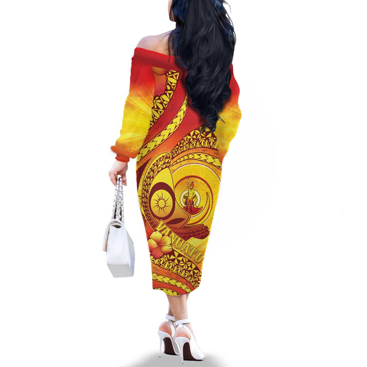 Vanuatu 45 Yia Indipendens Anivesari Family Matching Off The Shoulder Long Sleeve Dress and Hawaiian Shirt Tamtam Drum With Boar Tusk - Polynesian Pride