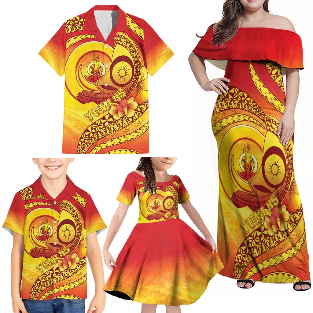 Vanuatu 45 Yia Indipendens Anivesari Family Matching Off Shoulder Maxi Dress and Hawaiian Shirt Tamtam Drum With Boar Tusk - Polynesian Pride