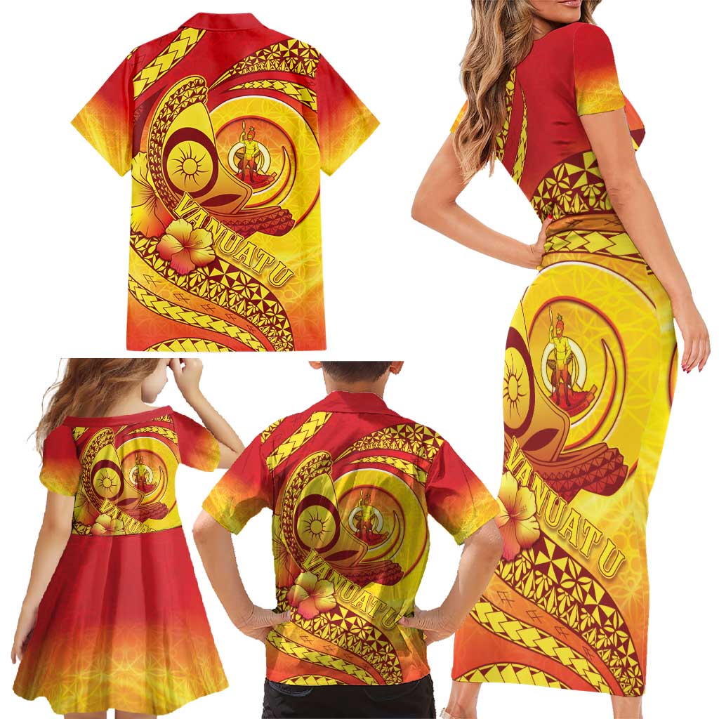 Vanuatu 45 Yia Indipendens Anivesari Family Matching Short Sleeve Bodycon Dress and Hawaiian Shirt Tamtam Drum With Boar Tusk - Polynesian Pride