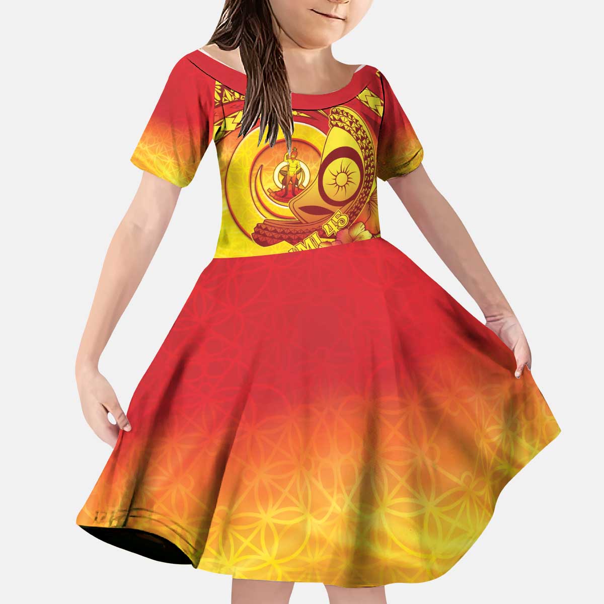 Vanuatu 45 Yia Indipendens Anivesari Kid Short Sleeve Dress Tamtam Drum With Boar Tusk - Polynesian Pride