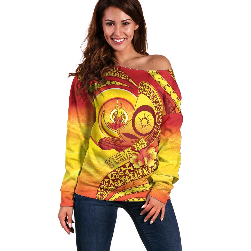 Vanuatu 45 Yia Indipendens Anivesari Off Shoulder Sweater Tamtam Drum With Boar Tusk - Polynesian Pride