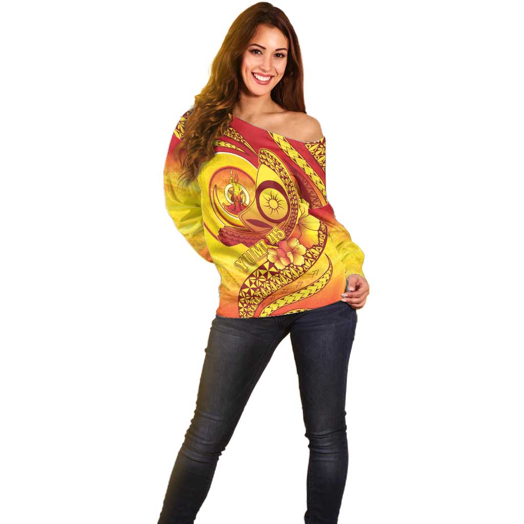 Vanuatu 45 Yia Indipendens Anivesari Off Shoulder Sweater Tamtam Drum With Boar Tusk - Polynesian Pride