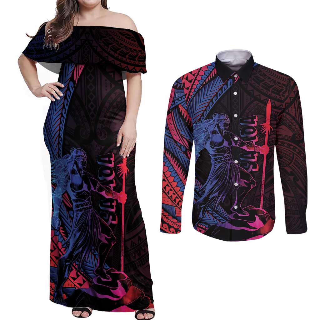 Samoan Pride Couples Matching Off Shoulder Maxi Dress and Long Sleeve Button Shirt The Tui Manua - Polynesian Pride