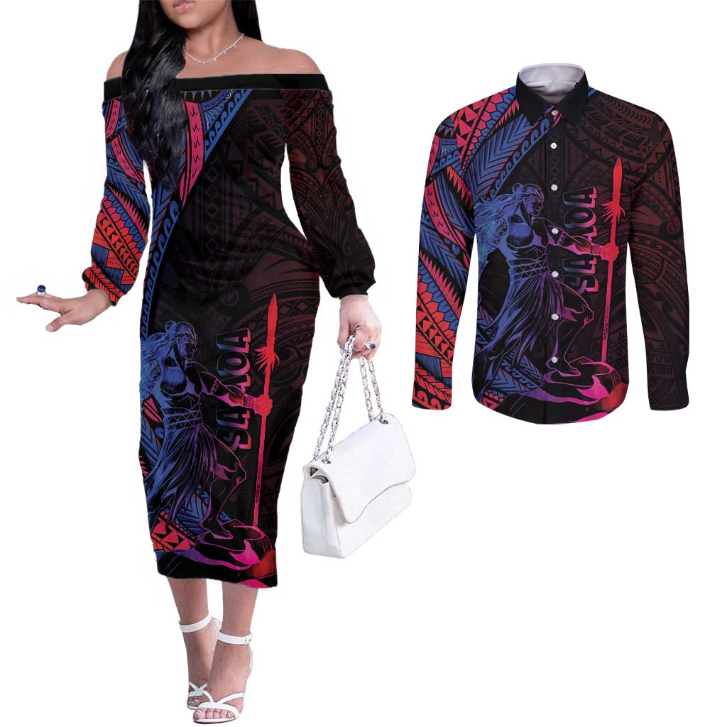 Samoan Pride Couples Matching Off The Shoulder Long Sleeve Dress and Long Sleeve Button Shirt The Tui Manua - Polynesian Pride