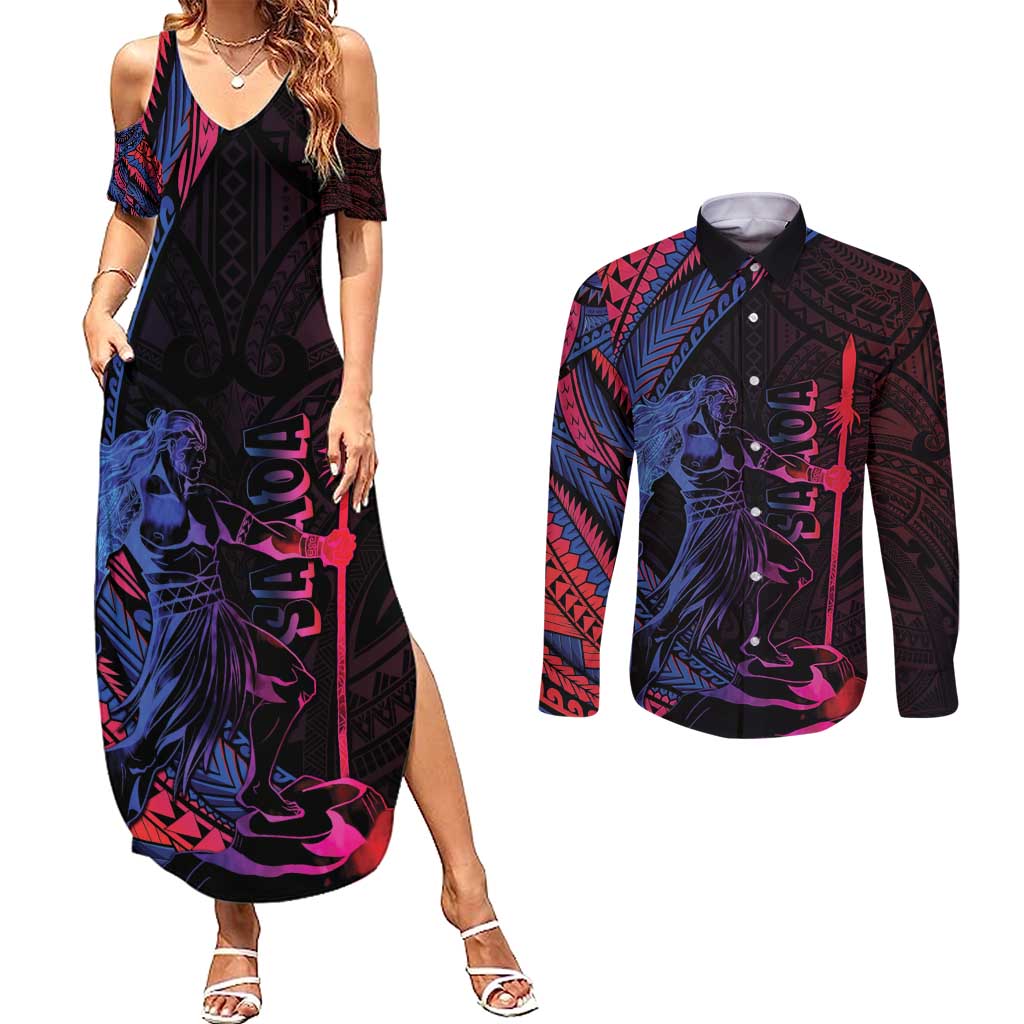 Samoan Pride Couples Matching Summer Maxi Dress and Long Sleeve Button Shirt The Tui Manua - Polynesian Pride