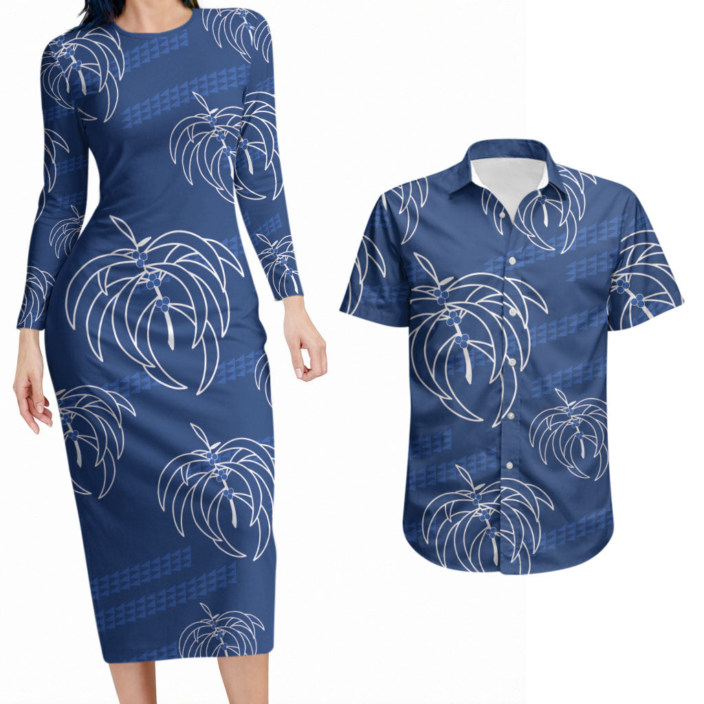 Aloha Hawaii Acacia Koa Leaves Couples Matching Long Sleeve Bodycon Dress and Hawaiian Shirt Navy Kakau Tribal Pattern LT05 Navy - Polynesian Pride