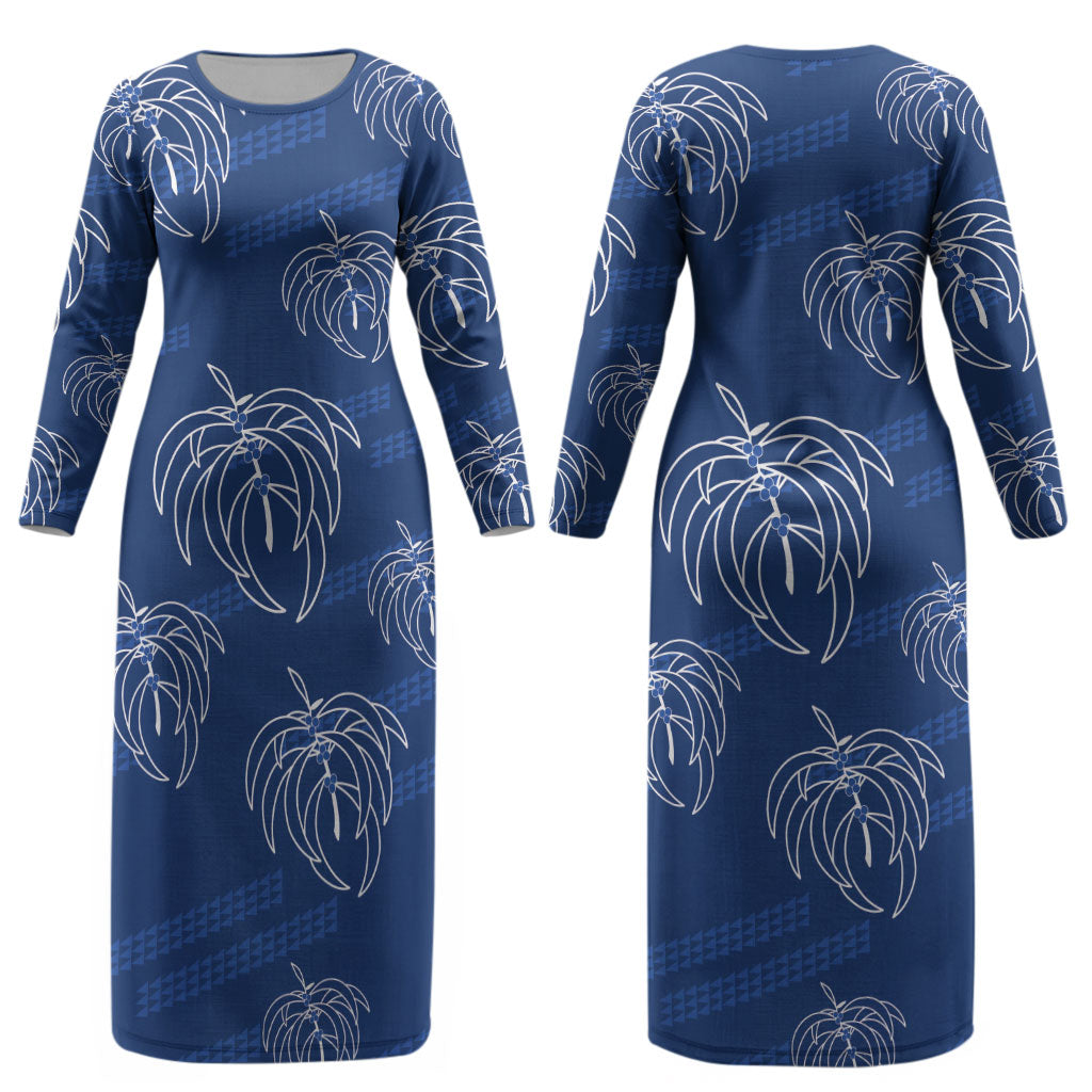Aloha Hawaii Acacia Koa Leaves Couples Matching Long Sleeve Bodycon Dress and Hawaiian Shirt Navy Kakau Tribal Pattern LT05 - Polynesian Pride