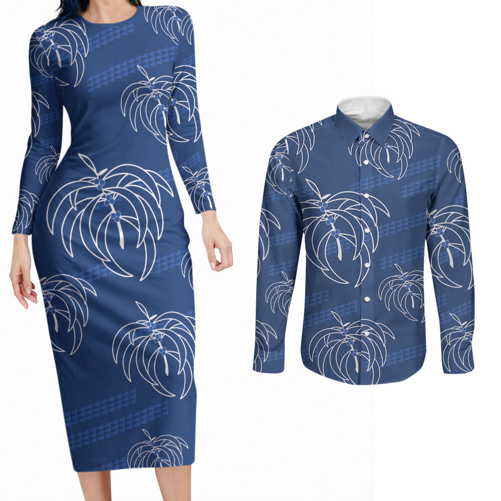 Aloha Hawaii Acacia Koa Leaves Couples Matching Long Sleeve Bodycon Dress and Long Sleeve Button Shirt Navy Kakau Tribal Pattern LT05 Navy - Polynesian Pride