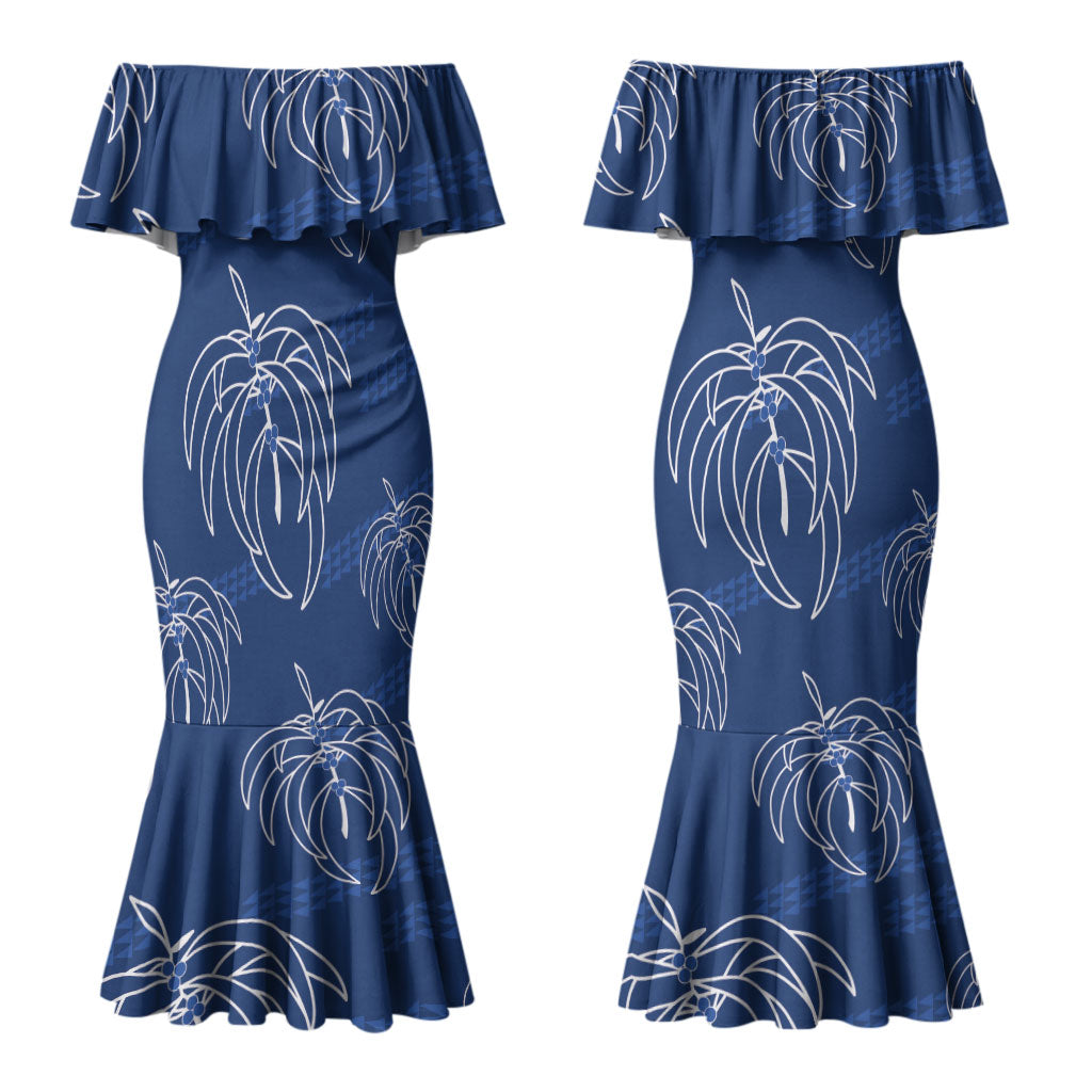 Aloha Hawaii Acacia Koa Leaves Couples Matching Mermaid Dress and Hawaiian Shirt Navy Kakau Tribal Pattern LT05 - Polynesian Pride
