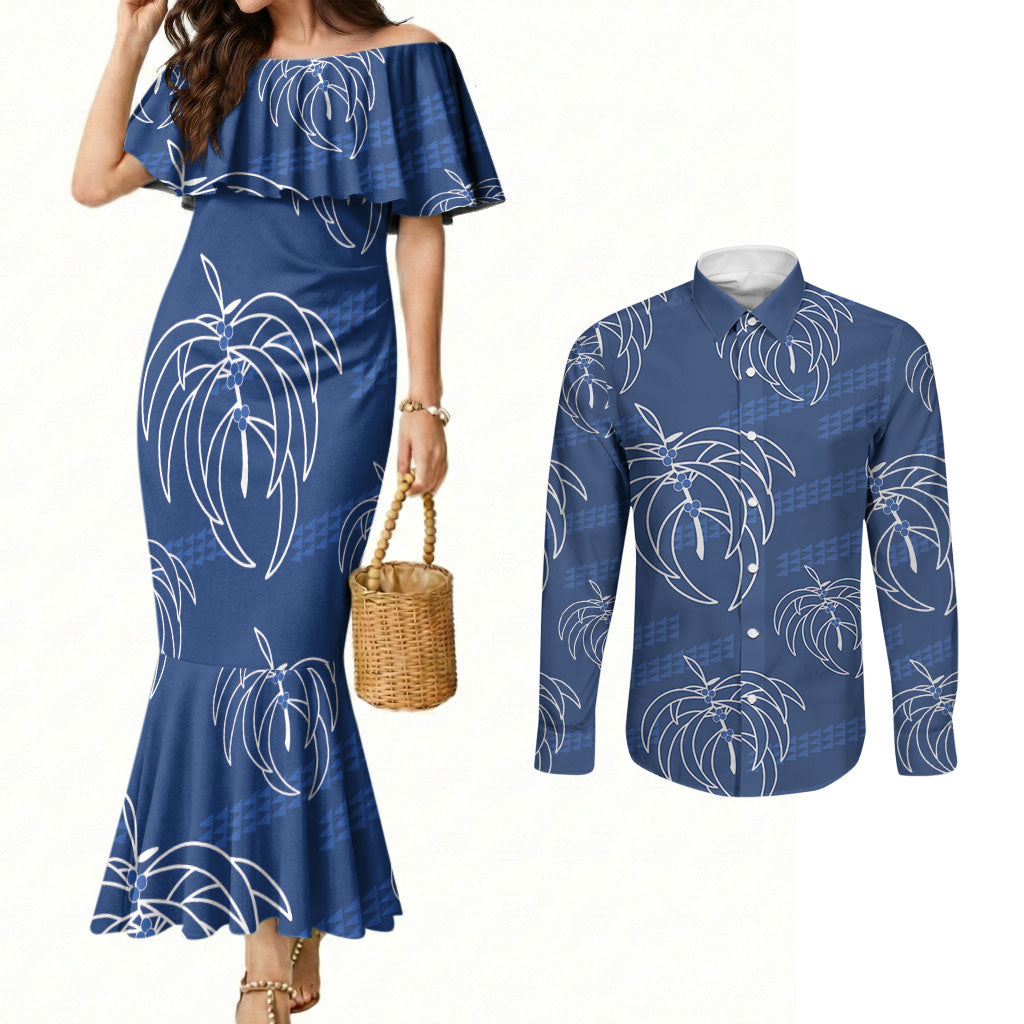 Aloha Hawaii Acacia Koa Leaves Couples Matching Mermaid Dress and Long Sleeve Button Shirt Navy Kakau Tribal Pattern