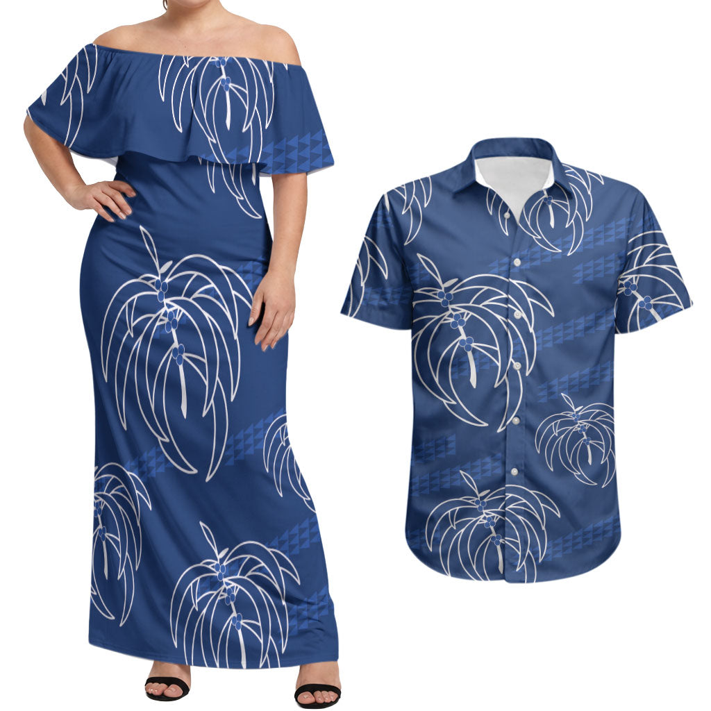 Aloha Hawaii Acacia Koa Leaves Couples Matching Off Shoulder Maxi Dress and Hawaiian Shirt Navy Kakau Tribal Pattern LT05 Navy - Polynesian Pride