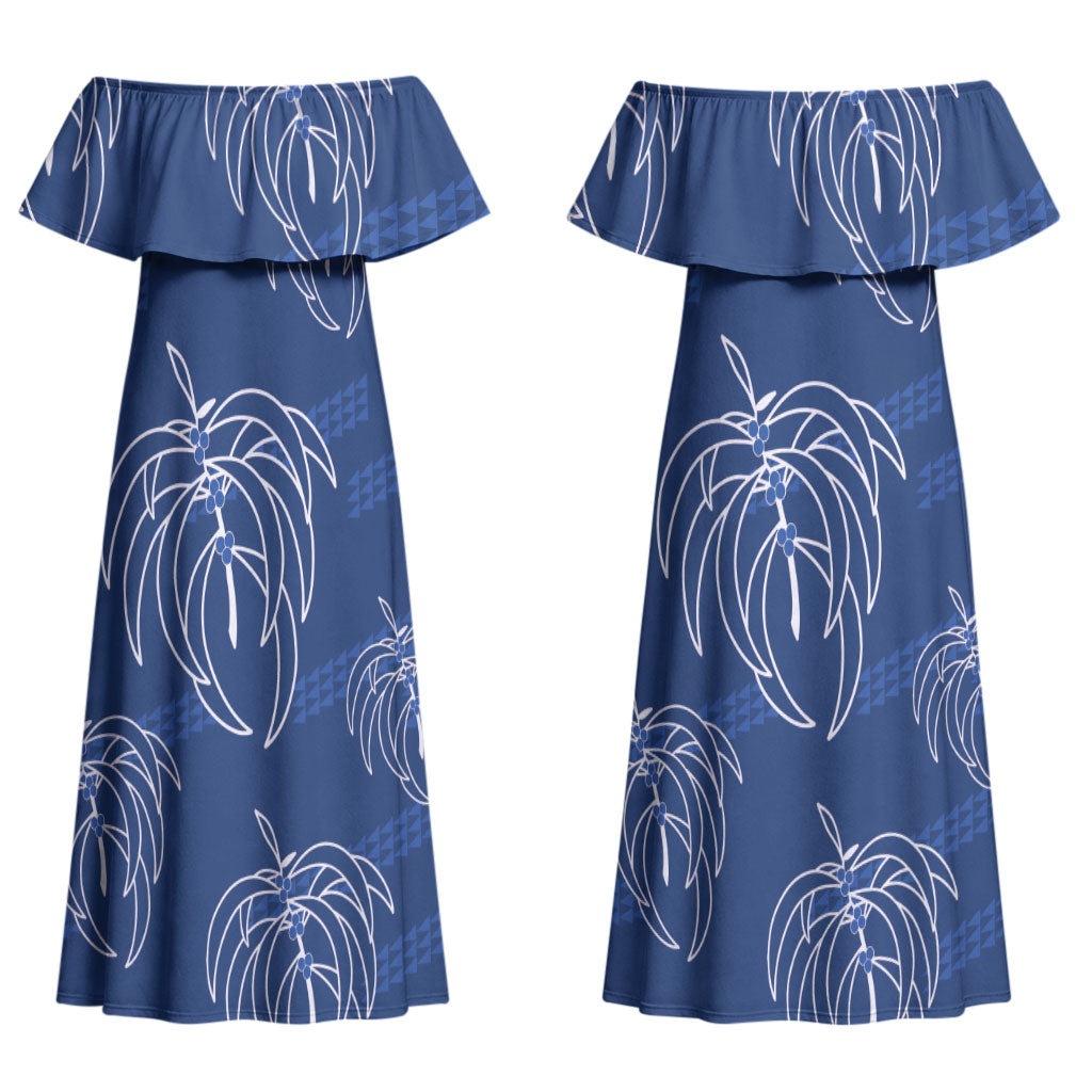 Aloha Hawaii Acacia Koa Leaves Couples Matching Off Shoulder Maxi Dress and Hawaiian Shirt Navy Kakau Tribal Pattern LT05 - Polynesian Pride