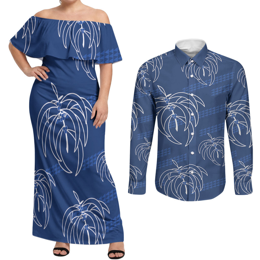 Aloha Hawaii Acacia Koa Leaves Couples Matching Off Shoulder Maxi Dress and Long Sleeve Button Shirt Navy Kakau Tribal Pattern LT05 Navy - Polynesian Pride