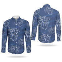 Aloha Hawaii Acacia Koa Leaves Couples Matching Off Shoulder Maxi Dress and Long Sleeve Button Shirt Navy Kakau Tribal Pattern LT05 - Polynesian Pride
