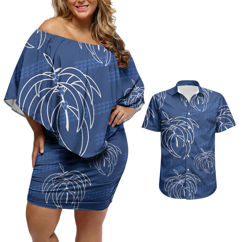 Aloha Hawaii Acacia Koa Leaves Couples Matching Off Shoulder Short Dress and Hawaiian Shirt Navy Kakau Tribal Pattern LT05 Navy - Polynesian Pride