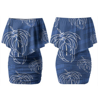 Aloha Hawaii Acacia Koa Leaves Couples Matching Off Shoulder Short Dress and Long Sleeve Button Shirt Navy Kakau Tribal Pattern LT05 - Polynesian Pride