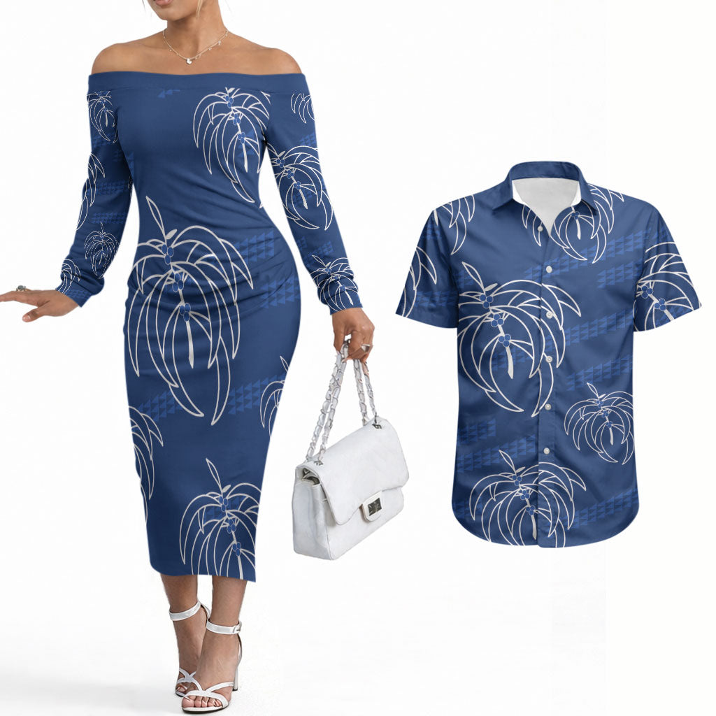 Aloha Hawaii Acacia Koa Leaves Couples Matching Off The Shoulder Long Sleeve Dress and Hawaiian Shirt Navy Kakau Tribal Pattern LT05 Navy - Polynesian Pride