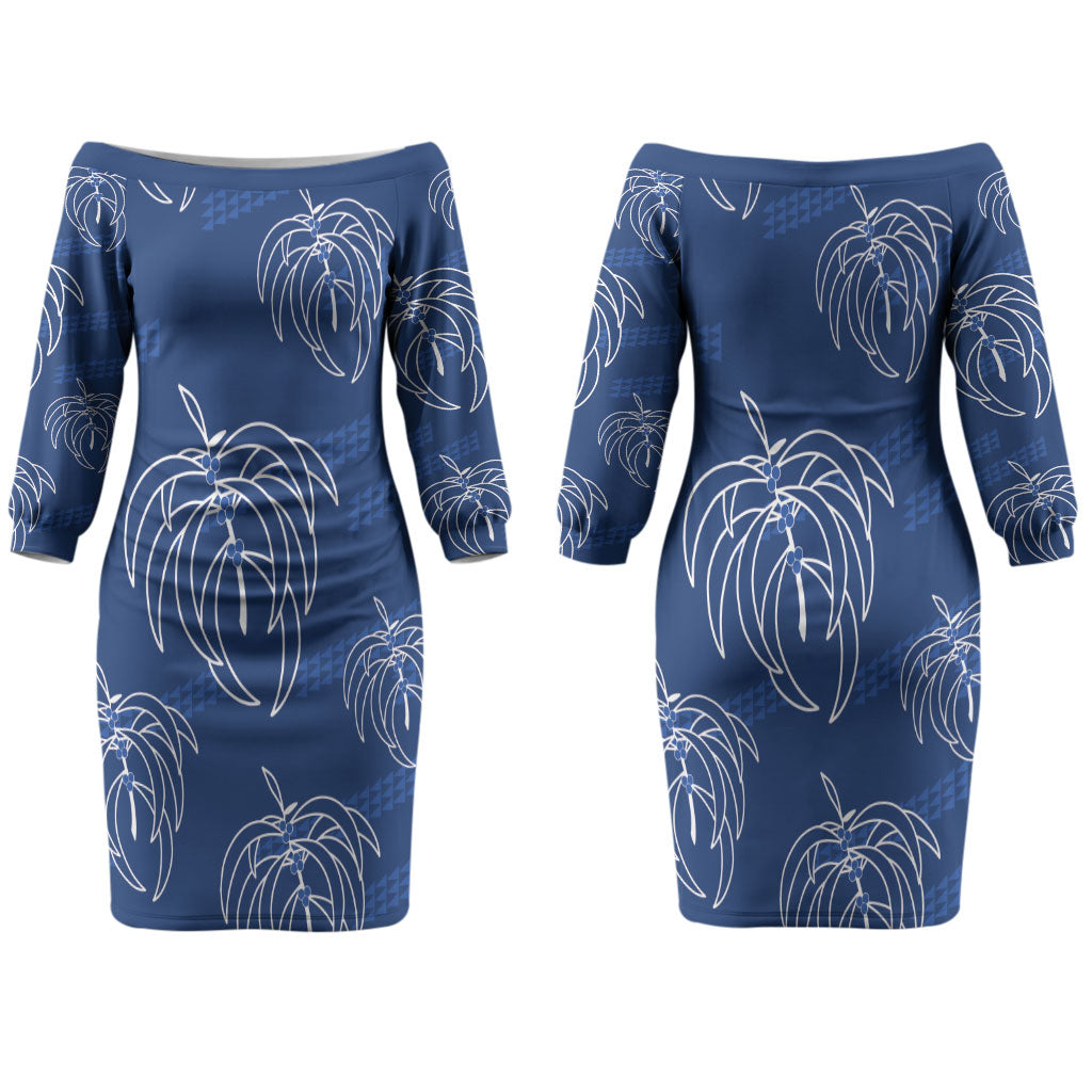 Aloha Hawaii Acacia Koa Leaves Couples Matching Off The Shoulder Long Sleeve Dress and Long Sleeve Button Shirt Navy Kakau Tribal Pattern LT05 - Polynesian Pride