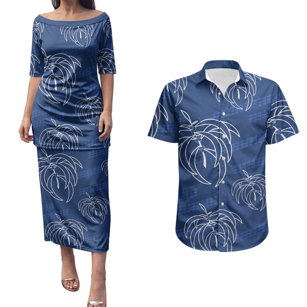 Aloha Hawaii Acacia Koa Leaves Couples Matching Puletasi and Hawaiian Shirt Navy Kakau Tribal Pattern LT05 Navy - Polynesian Pride
