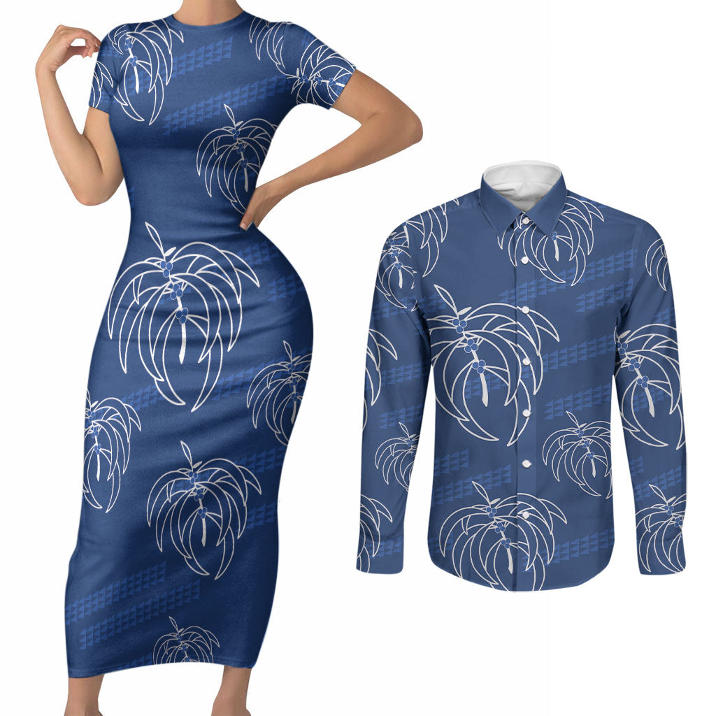 Aloha Hawaii Acacia Koa Leaves Couples Matching Short Sleeve Bodycon Dress and Long Sleeve Button Shirt Navy Kakau Tribal Pattern LT05 Navy - Polynesian Pride