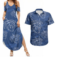 Aloha Hawaii Acacia Koa Leaves Couples Matching Summer Maxi Dress and Hawaiian Shirt Navy Kakau Tribal Pattern LT05 Navy - Polynesian Pride