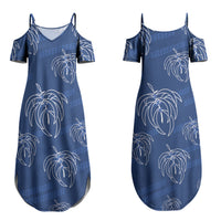 Aloha Hawaii Acacia Koa Leaves Couples Matching Summer Maxi Dress and Hawaiian Shirt Navy Kakau Tribal Pattern LT05 - Polynesian Pride