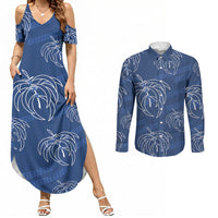 Aloha Hawaii Acacia Koa Leaves Couples Matching Summer Maxi Dress and Long Sleeve Button Shirt Navy Kakau Tribal Pattern LT05 Navy - Polynesian Pride
