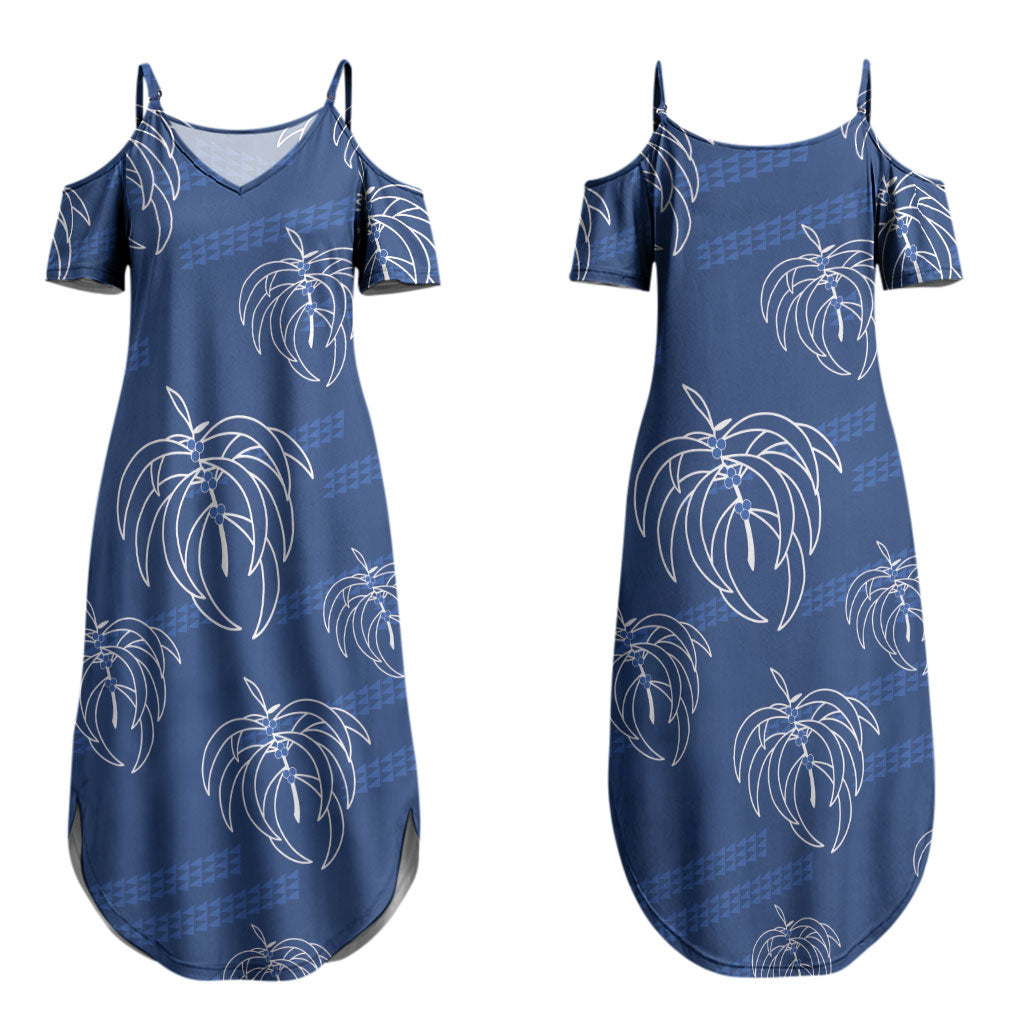 Aloha Hawaii Acacia Koa Leaves Couples Matching Summer Maxi Dress and Long Sleeve Button Shirt Navy Kakau Tribal Pattern LT05 - Polynesian Pride