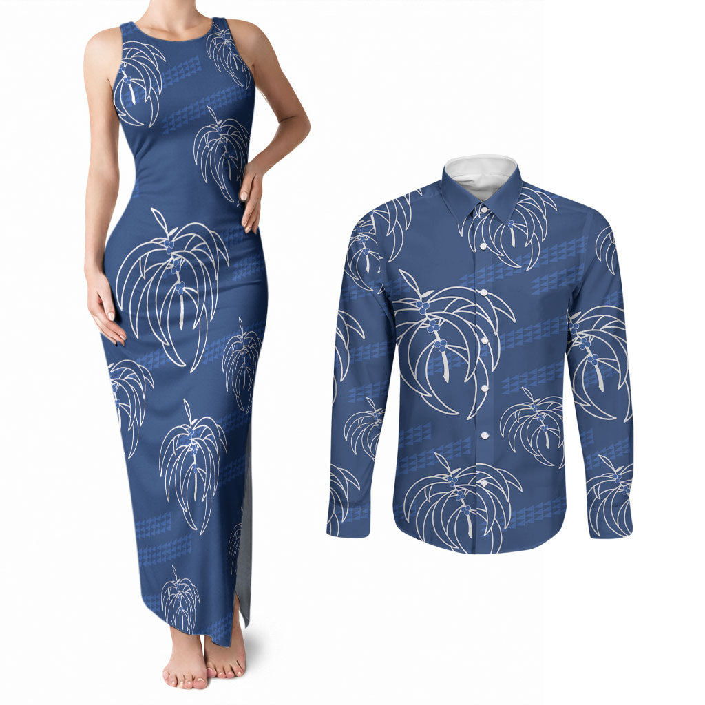 Aloha Hawaii Acacia Koa Leaves Couples Matching Tank Maxi Dress and Long Sleeve Button Shirt Navy Kakau Tribal Pattern