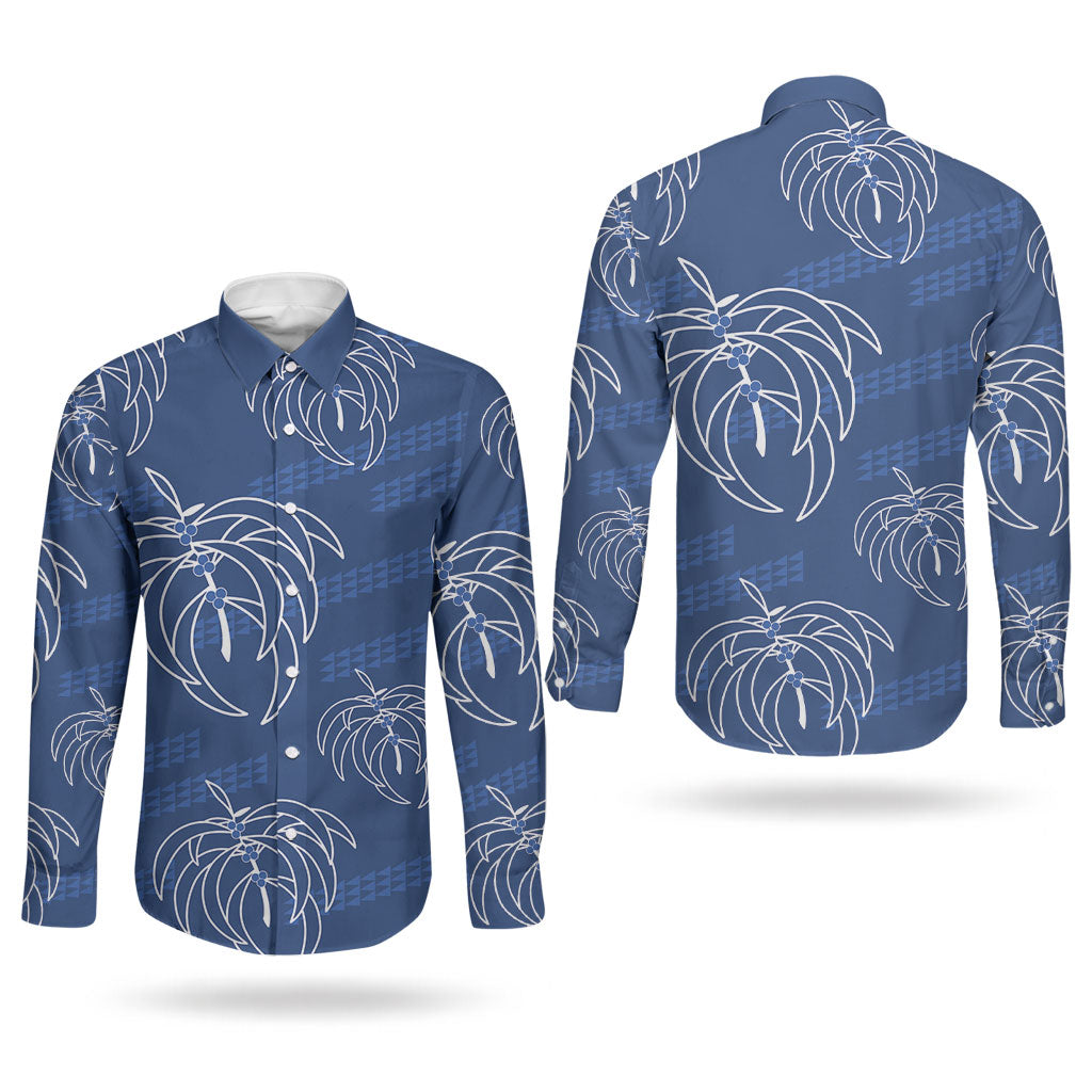 Aloha Hawaii Acacia Koa Leaves Couples Matching Tank Maxi Dress and Long Sleeve Button Shirt Navy Kakau Tribal Pattern LT05 - Polynesian Pride
