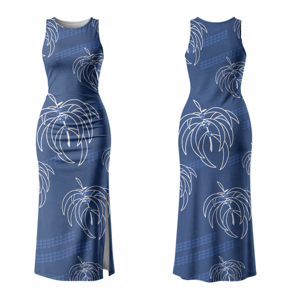 Aloha Hawaii Acacia Koa Leaves Couples Matching Tank Maxi Dress and Long Sleeve Button Shirt Navy Kakau Tribal Pattern LT05 - Polynesian Pride