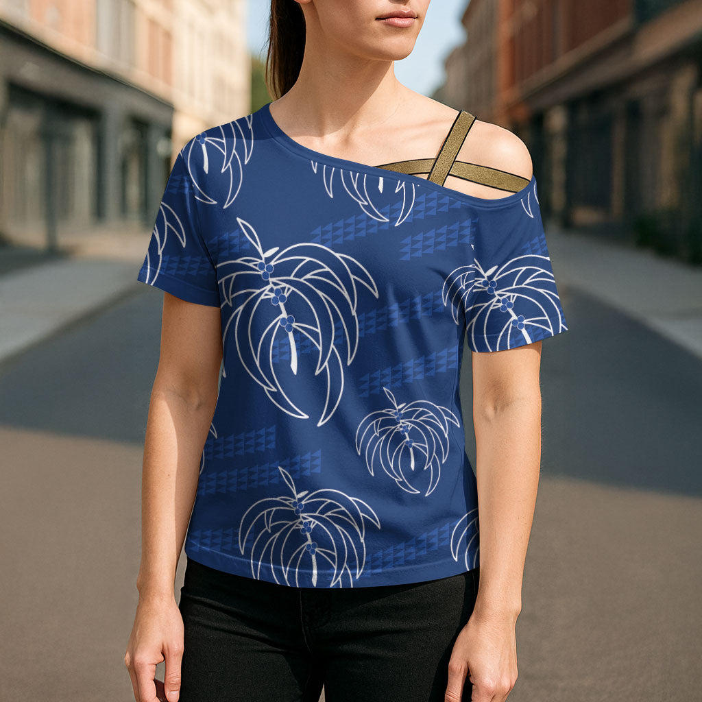 Aloha Hawaii Acacia Koa Leaves Cross Shoulder Shirt Navy Kakau Tribal Pattern LT05 - Polynesian Pride