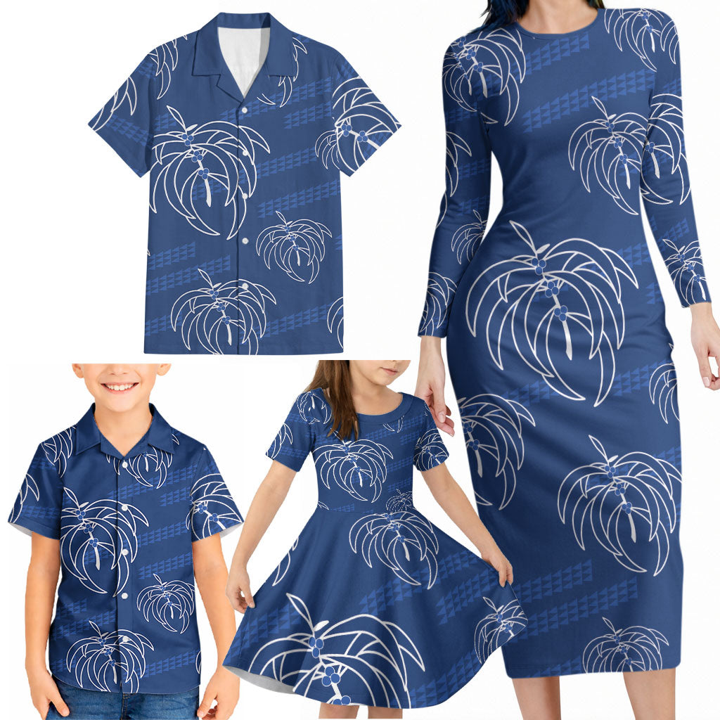 Aloha Hawaii Acacia Koa Leaves Family Matching Long Sleeve Bodycon Dress and Hawaiian Shirt Navy Kakau Tribal Pattern LT05 - Polynesian Pride