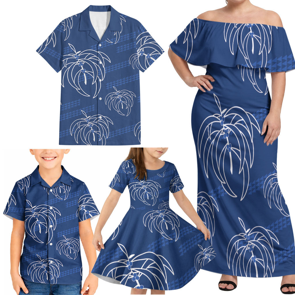 Aloha Hawaii Acacia Koa Leaves Family Matching Off Shoulder Maxi Dress and Hawaiian Shirt Navy Kakau Tribal Pattern LT05 - Polynesian Pride