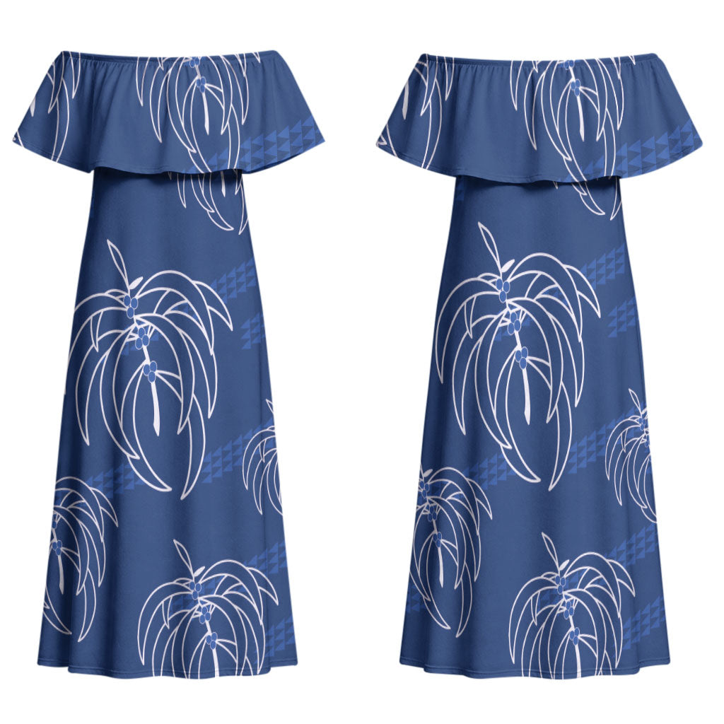 Aloha Hawaii Acacia Koa Leaves Family Matching Off Shoulder Maxi Dress and Hawaiian Shirt Navy Kakau Tribal Pattern LT05 Mom's Dress Navy - Polynesian Pride