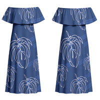 Aloha Hawaii Acacia Koa Leaves Family Matching Off Shoulder Maxi Dress and Hawaiian Shirt Navy Kakau Tribal Pattern LT05 Mom's Dress Navy - Polynesian Pride