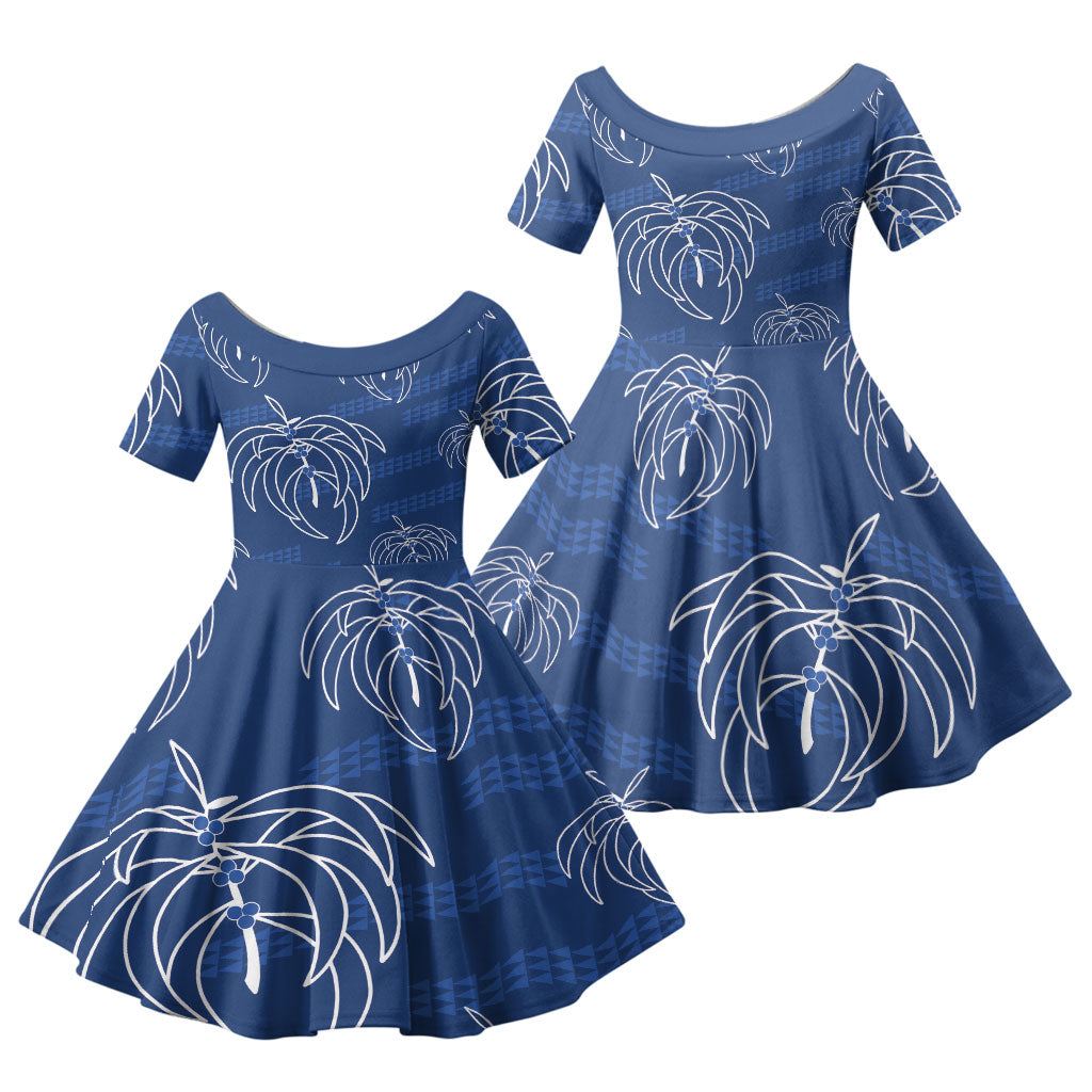 Aloha Hawaii Acacia Koa Leaves Family Matching Off Shoulder Maxi Dress and Hawaiian Shirt Navy Kakau Tribal Pattern LT05 Daughter's Dress Navy - Polynesian Pride