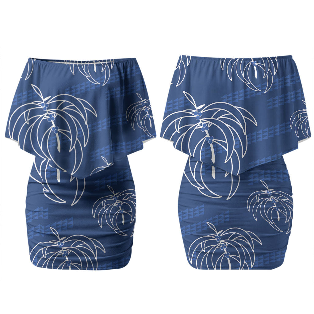 Aloha Hawaii Acacia Koa Leaves Family Matching Off Shoulder Short Dress and Hawaiian Shirt Navy Kakau Tribal Pattern LT05 Mom's Dress Navy - Polynesian Pride