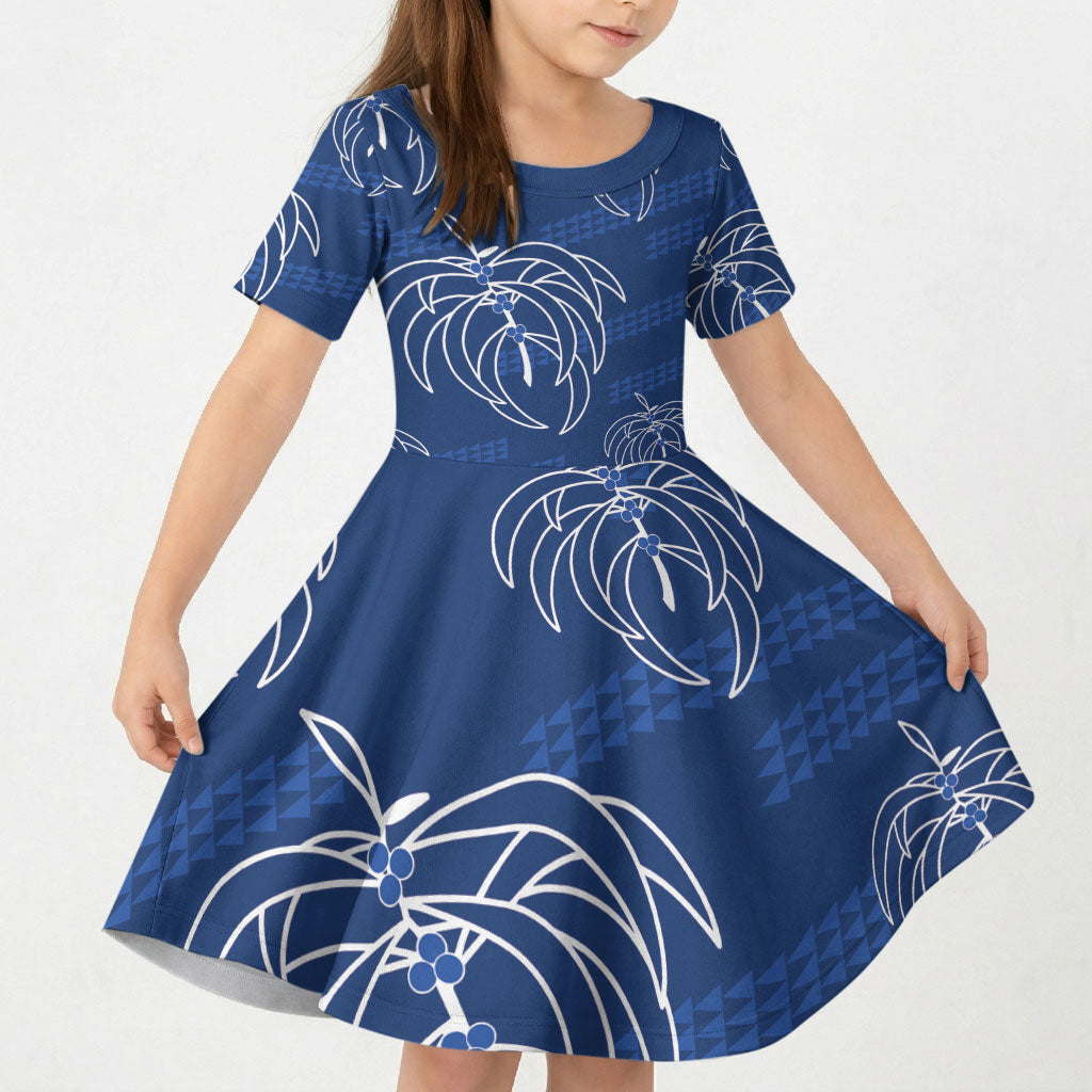 Aloha Hawaii Acacia Koa Leaves Kid Short Sleeve Dress Navy Kakau Tribal Pattern