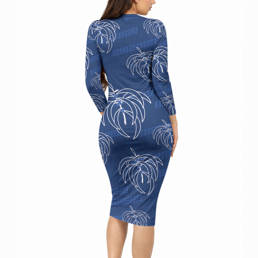 Aloha Hawaii Acacia Koa Leaves Long Sleeve Bodycon Dress Navy Kakau Tribal Pattern LT05 - Polynesian Pride