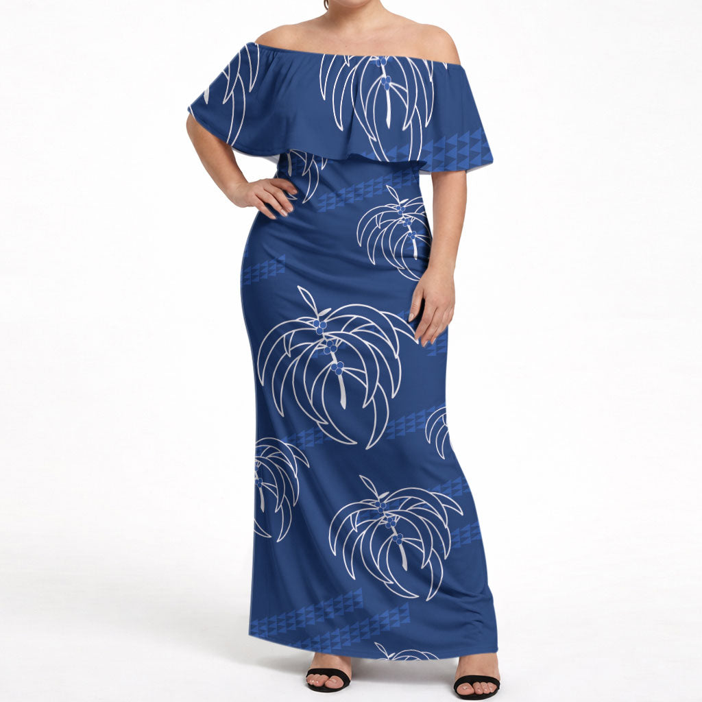 Aloha Hawaii Acacia Koa Leaves Off Shoulder Maxi Dress Navy Kakau Tribal Pattern LT05 Women Navy - Polynesian Pride